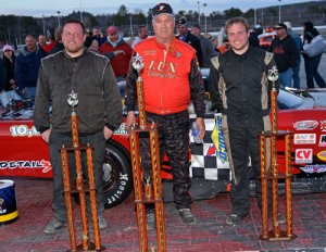 Mike Rowe (center) scored the win in Sunday's PASS North Super Late Model season opener at Oxford Plains Speedway.  D.J. Shaw (right) finished in second, with Tony Ricci (right) in third.  Photo by Norm Marx