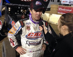 Paul McMahan is interviewed in victory lane after winning Saturday night's World of Outlaws Sprint Car Series SoCal Showdown at Perris Auto Speedway.  Photo courtesy WoO Media
