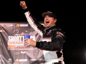 Timothy Peters celebrates after winning Thursday's Denny Hamlin Short Track Showdown at South Boston Speedway.  Photo by Getty Images for NASCAR
