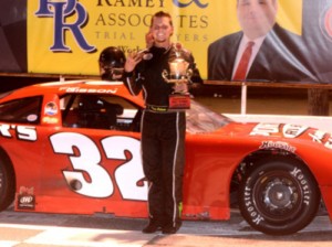 Trey Gibson drove through the Late Model Stock field to score the feature victory Saturday night at Greenville Pickens Speedway.  Photo courtesy GPS Media