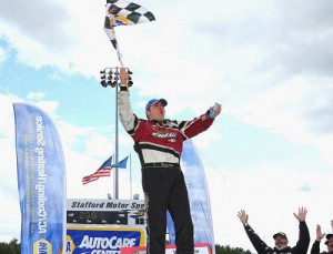 Woody Pitkat celebrates his NASCAR Whelen Modified Tour win Sunday at Stafford Motor Speedway.  Photo by Maddie Meyer/Getty Images for NASCAR