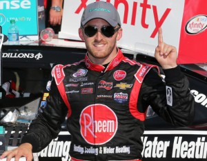 Austin Dillon celebrates in victory lane after winning Saturday's NASCAR Xfinity Series race at Charlotte Motor Speedway.  Photo by Streeter Lecka/Getty Images