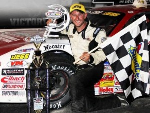 Brian Campbell celebrates after winning Saturday night's Berlin 125 for the ARCA/CRA Super Series at Berlin Speedway.  Photo courtesy CRA Media