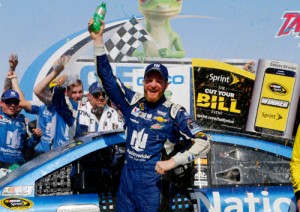 Dale Earnhardt, Jr. celebrates in victory lane after winning Sunday's NASCAR Sprint Cup Series race at Talladega Superspeedway.  Photo by Jerry Markland/Getty Images