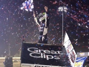 Daryn Pittman celebrates after winning Tuesday night's World of Outlaws Sprint Car feature at New Egypt Speedway.  Photo courtesy WoO Media