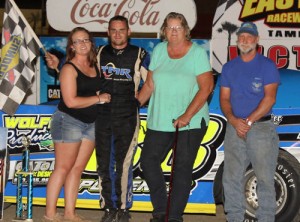 David Pollen, Jr. celebrates in victory lane after winning Saturday night's Late Model feature at East Bay Raceway Park.  Photo courtesy EBRP Media