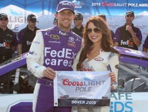 Denny Hamlin scored the pole in qualifying for Sunday's NASCAR Sprint Cup Series race at Dover International Speedway.  Photo by Nick Laham/Getty Images