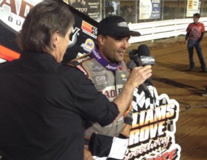 Donny Schatz is interviewed in victory lane after winning Friday night's World of Outlaws Sprint Car feature at Williams Grove Speedway.  Photo courtesy WoO Media