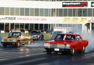 Gary Dunn (far lane) beat out Stan Sinack (near lane) to score the Super Pro final victory at the Atlanta Dragway Saturday.  Photo by Tim Glover