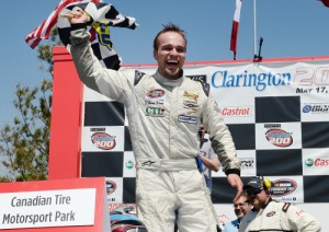 Gary Klutt celebrates winning the the NASCAR Canadian Tire Series event Sunday at Canadian Tire Motorsport Park.  Photo by Matthew Murnaghan/Getty Images for NASCAR