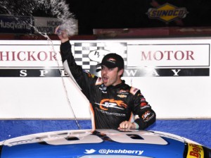 Josh Berry celebrates in victory lane after scoring the Late Model Stock victory Saturday night at Hickory Motor Speedway.  Photo by Sherri Stearns
