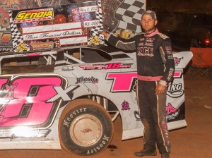 Michael Page made the trip to victory lane Saturday night with a win in the Super Late Model feature at Senoia Raceway.  Photo by Francis Hauke/22fstops.com