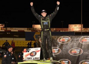 Noah Gragson celebrates his first career NASCAR K&N Pro Series West win Saturday night at Tucson Speedway. Photo by Getty Images for NASCAR