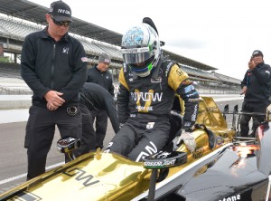 Ryan Briscoe gets into his car for a refresher test at Indianapolis Motor Speedway.  Briscoe will fill in for the injured James Hinchcliffe in Sunday's Indianapolis 500.  Photo by Chris Owens
