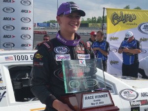Todd Gilliland smiles in victory lane after winning Sunday's ARCA Racing Series event at Toledo Speedway.  Photo courtesy ARCA Media