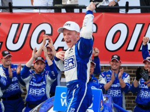 Tyler Reddick celebrates in Victory Lane after winning Friday's NASCAR Camping World Truck Series race at Dover International Speedway.  Photo by Daniel Shirey/NASCAR via Getty Images