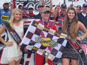 Austin Wayne Self celebrates in victory lane after grabbing his first career ARCA Racing Series victory at Winchester Speedway.  Photo courtesy ARCA Media