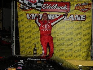 Christopher Bell celebrates after scoring the Super Late Model victory as part of the CARS Racing Tour weekend at Southern National Motorsports Park Saturday night.  Photo by FrameWorks Photography