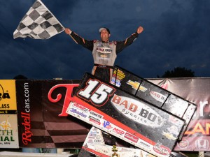 Donny Schatz celebrates World of Outlaws Sprint Car win number 15 of the 2015 Friday night at River Cities Speedway.  Photo by Doug Johnson