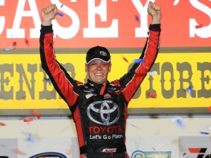 Erik Jones celebrates after winning Friday night's NASCAR Camping World Truck Series race at Iowa Speedway.  Photo by Daniel Shirey/NASCAR via Getty Images