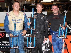 Jared Irvan (center) scored his first career PASS South Super Late Model series victory Friday night at Anderson Motor Speedway.  Roger Lee Newton (left) finished in second, with Clay Rogers (right) in third.  Photo courtesy PASS Media