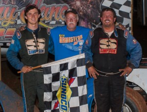 Joey Armistead (left) and his father Joe Armistead, Jr. (right) scored wins in the Limited Late Model and Super Late Model features, respectively, at Senoia Raceway Saturday night.  Photo by Francis Hauke/22fstops.com