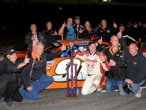 Patrick Laperle celebrates in victory lane after winning Saturday night's PASS North Super Late Model feature at Autodrome Chaudière.  Photo by Norm Marx