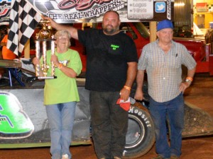 Randy Nichols celebrates with his team in victory lane after winning Saturday night's Limited Late Model feature at Toccoa Raceway.  Photo by DTGW Productions / CW Photography