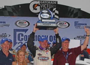 Ross Kenseth celebrates in victory lane after scoring his first ARCA Racing Series victory Friday afternoon at Michigan International Speedway.  Photo courtesy ARCA Media