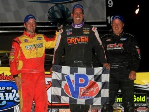 Shane Clanton (center) scored his sixth World of Outlaws Late Model Series victory of the season Tuesday night at Weedsport Speedway.  Tim McCreadie (left) finished in second, with Darrell Lanigan (right) in third.  Photo by J. Fish