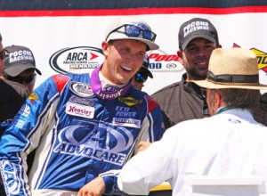 Trevor Bayne is congratulated by his NASCAR Sprint Cup Series car owner, Jack Roush, after winning Saturday's ARCA Racing Series race at Pocono Raceway.  Photo courtesy ARCA Media