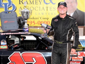 Trey Gibson made his seventh visit to victory lane of the season at Greenville-Pickens Speedway with a win in the Late Model Stock feature Saturday night.  Photo courtesy GPS Media