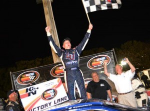 William Byron celebrates after winning his third NASCAR K&N Pro Series East win of the season Saturday night at Langley Speedway.  Photo by Brenda Meserve/NASCAR