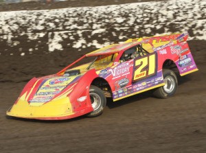 Billy Moyer raced to the win in Thursday's World of Outlaws Late Model Series race at Quincy Raceways.  Photo by Jim DenHamer
