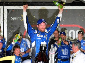 Dale Earnhardt, Jr. celebrates in victory lane after winning Sunday's NASCAR Sprint Cup Series race at Daytona International Speedway.  Photo by Robert Laberge/Getty Images