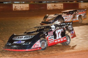 Dale McDowell (17) battles with Jason Hiett (1) en route to the Super Late Model feature win Sunday evening at Rome Speedway.  Photo by Kevin Prater/praterphoto.com