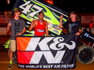 Eric Riggins, Jr. made his fourth trip of the season to victory lane in USCS Sprint Car Series action at Fayetteville Motor Speedway.  Photo by Chris Seelman