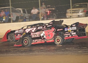 Evan Ellis (73) held off Ronnie Johnson (5) to score the Chevrolet Performance Super Late Model Series Friday night at Magnolia Motor Speedway.  Photo by Brian McLeod/NeSmith Media