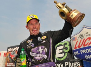 Jack Beckman celebrates after scoring the Funny Car victory Sunday for the Mello Yello Drag Racing Series at Norwalk, Ohio.  Photo courtesy NHRA Media