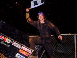 Johnny Bridges celebrates in victory lane after winning Friday night's USCS Sprint Car race at East Lincoln Motor Speedway.  Photo courtesy USCS Media