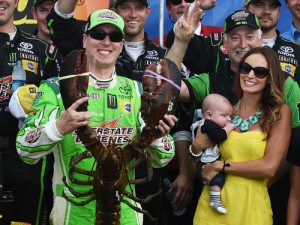 Kyle Busch and his wife Samantha pose in victory lane with "Loudon the Lobster" after winning last years NASCAR Sprint Cup Series July race at New Hampshire Motor Speedway. Photo by Rainier Ehrhardt/Getty Images