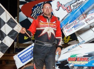 Marshall Skinner celebrated his third USCS Sprint Car win of the weekend on Saturday night at Dixie Speedway.  Photo by Kevin Prater/praterphoto.com
