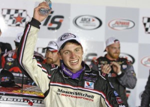 Mason Mitchell celebrates after winning Friday night's ARCA Racing Series event at Iowa Speedway.  Photo courtesy ARCA Media