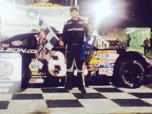 Matt Bowling celebrates in victory lane after winning the second Late Model Stock feature at South Boston Speedway.  Photo courtesy SBS Media