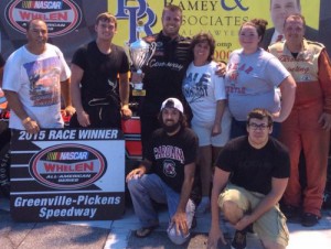 Ryan Walker celebrates with his team in victory lane after scoring his first Late Model Stock win Saturday night at Greenville-Pickens Speedway.  Photo courtesy GPS Media