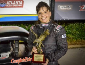 Tina Johnson made history last week at Atlanta Motor Speedway, as she became the first female driver to win the Legends Masters division championship in Thursday Thunder history.  Photo courtesy Atlanta Motor Speedway