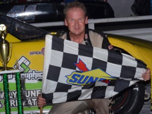 Wayne Niedecken, Jr. picked up the win in the first of two Pro Late Model features Saturday night at Mobile International Speedway.  Photo by Eddie Richie/Turn One Photos/Loxley, AL