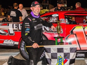 Augie Grill made his third trip to Montgomery Motor Speedway's victory lane in Saturday night's Pro Late Model feature.  Photo courtesy MMS Media