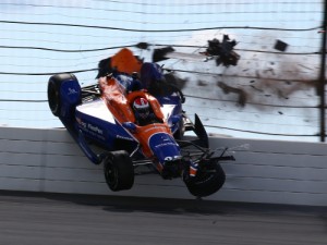 Charlie Kimball goes into the fencing during his qualifying attempt for Sunday's ABC Supply 500 at Pocono Raceway. Photo by Bret Kelley