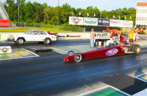Danny Dixon (far lane) defeated Debbie Blanton (near lane) in the Super Pro Final to score the victory Saturday at the Atlanta Dragway.  Photo by Jerry Towns